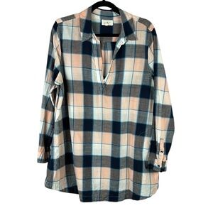 Lou & Grey Lagenlook Plaid Cotton Long Sleeve Pockets Tunic Top Large Blue Peach